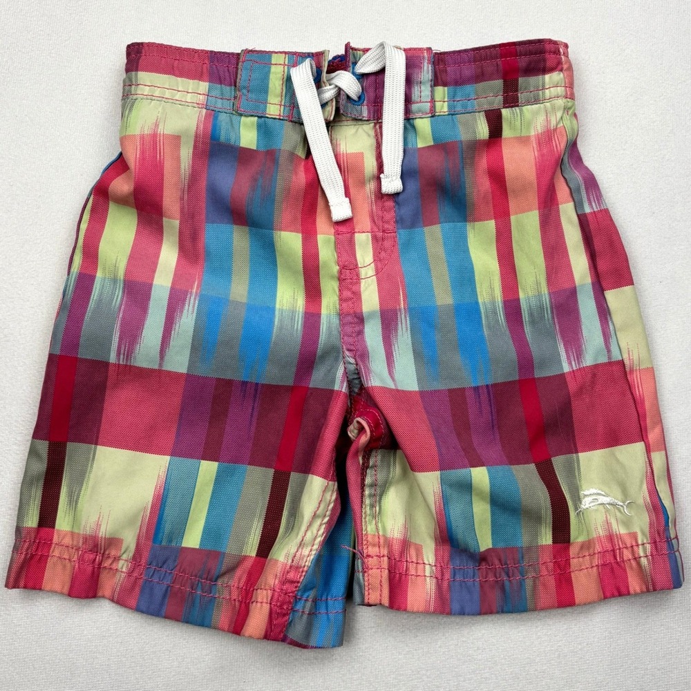 Tommy Bahama Boys Toddler 4T Swim Trunks Plaid Board Shorts Embroidered Fish